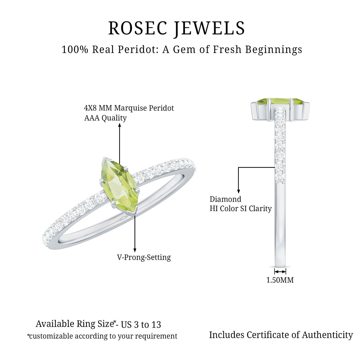 Genuine 0.7 Carat Marquise Peridot Promise Ring with Diamond