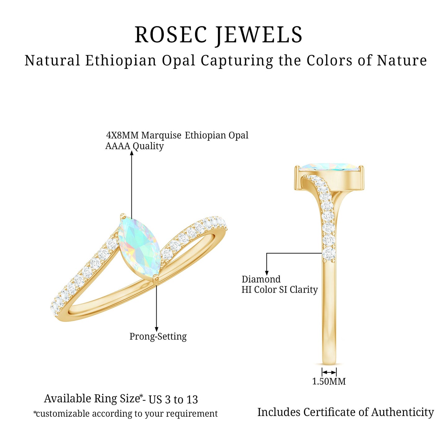 Natural Marquise Ethiopian Opal Diamond Promise Ring with Bypass Shank
