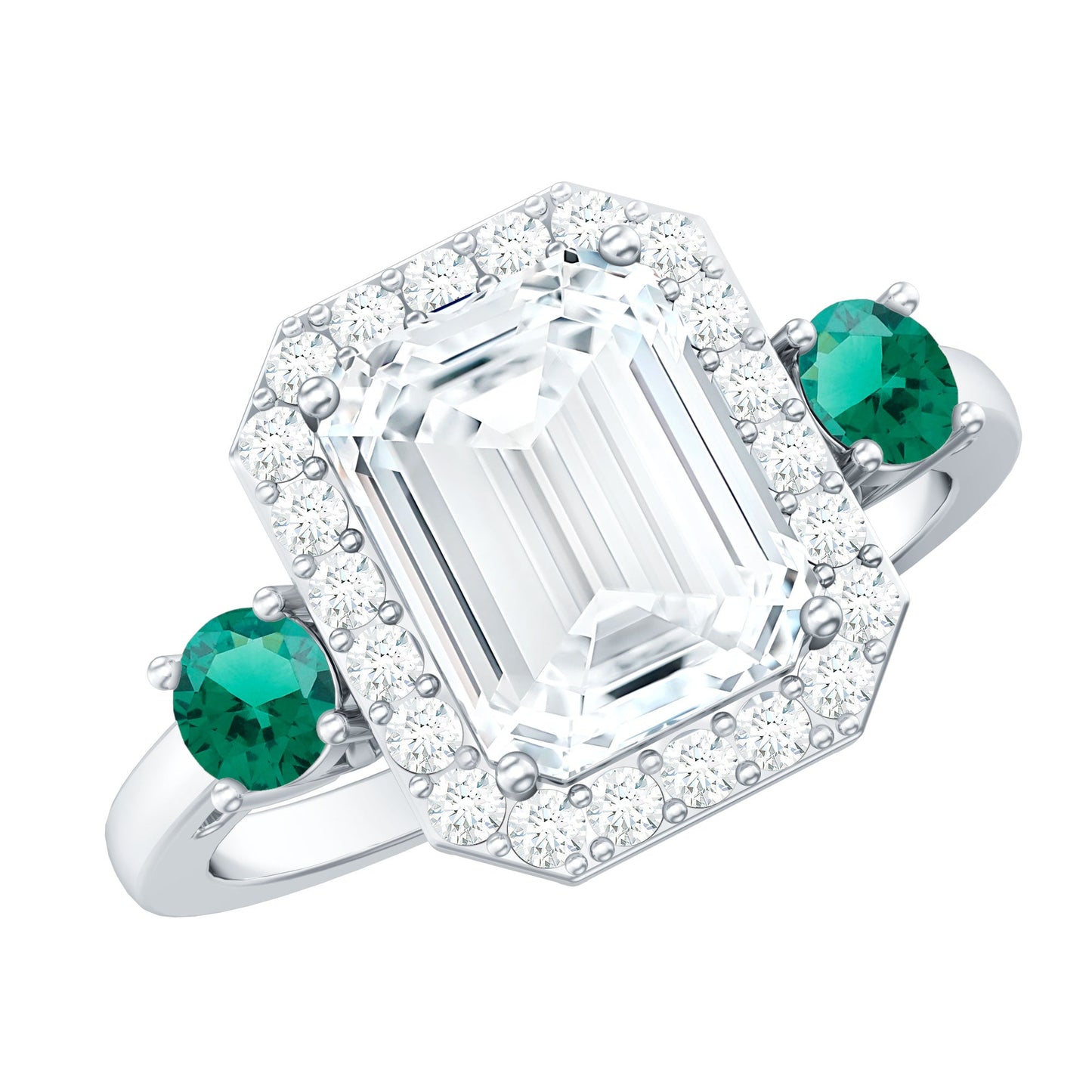 Certified 2.8 Carat Moissanite Emerald Cut Engagement Ring with Emerald