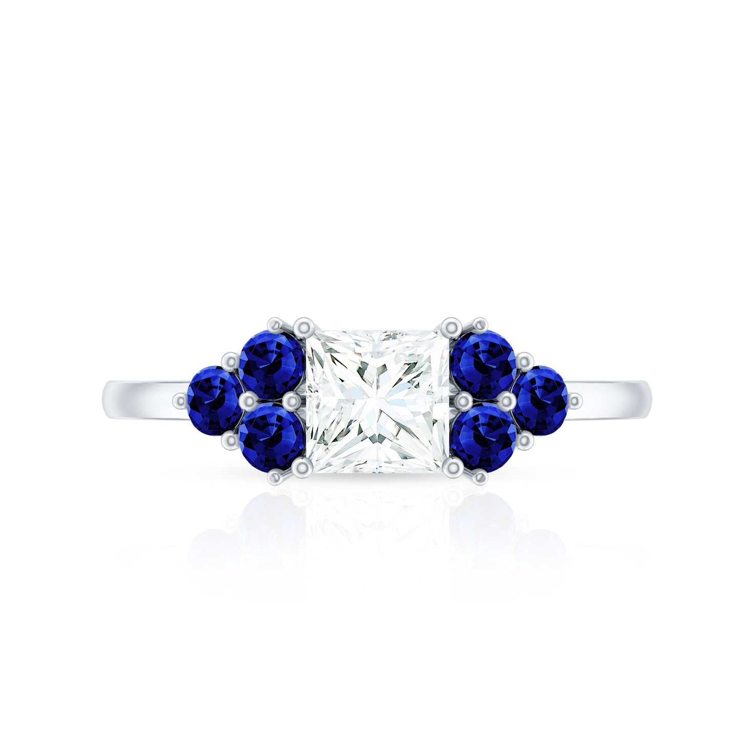 Moissanite Princess Cut Engagement Ring With Lab Grown Blue Sapphire