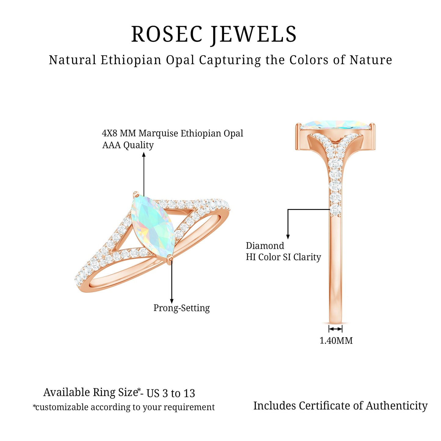 Natural Opal Marquise Engagement Ring with Diamond Split Shank