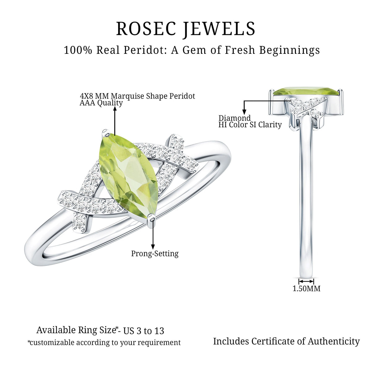 Certified Real 0.7 Carat Marquise Peridot Promise Ring with Diamond