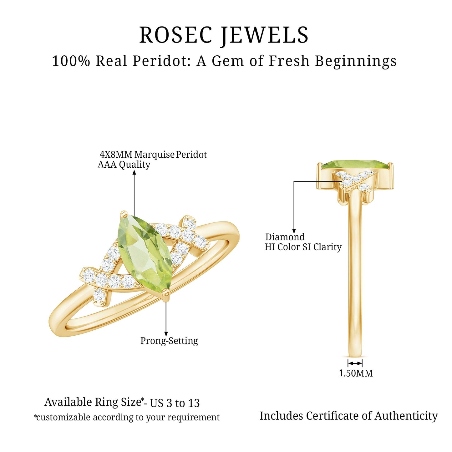 Certified Real 0.7 Carat Marquise Peridot Promise Ring with Diamond