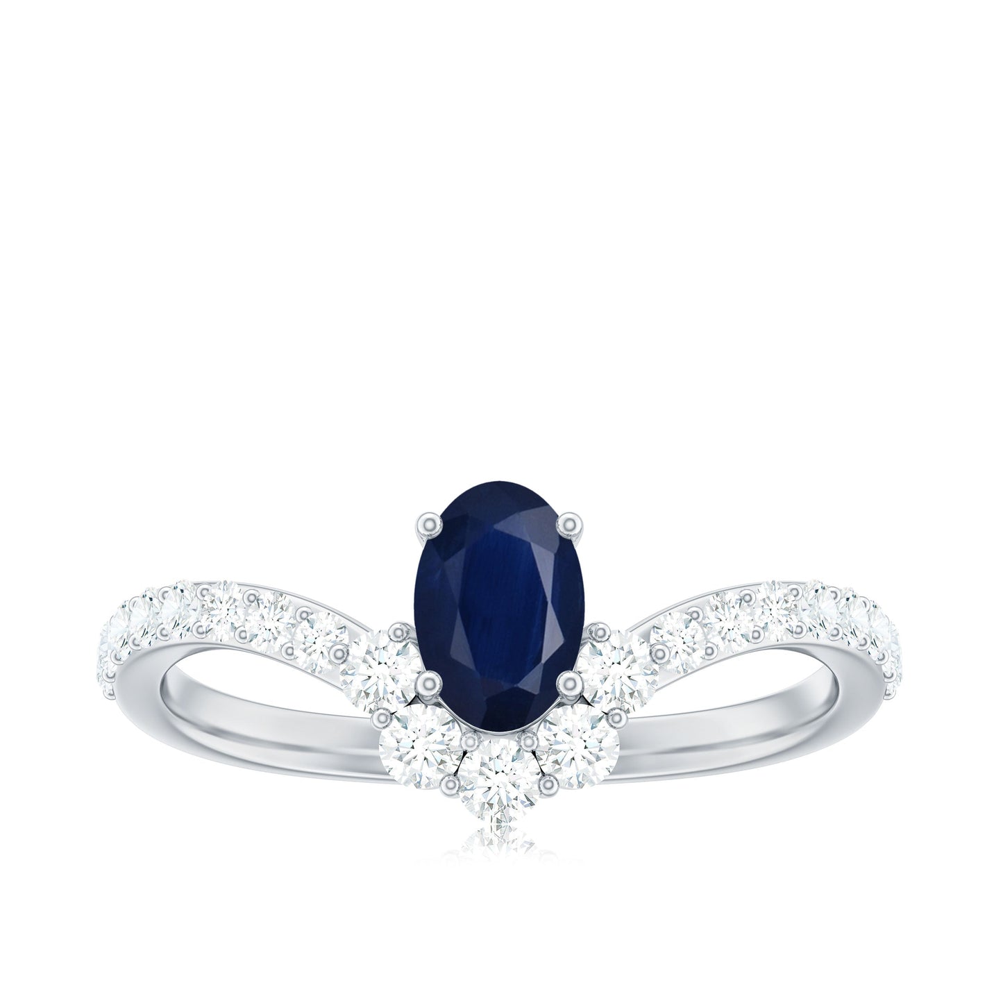 0.6 Carat Oval Cut Blue Sapphire and Diamond Chevron Ring
