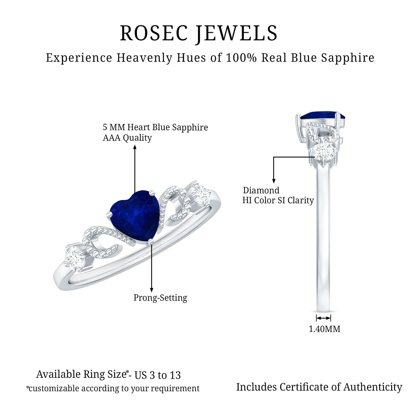 Natural 0.6 Carat Blue Sapphire Heart Promise Ring with Diamond