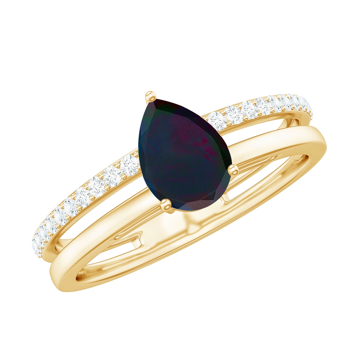 Pear Cut Black Opal and Diamond Double Band Engagement Ring