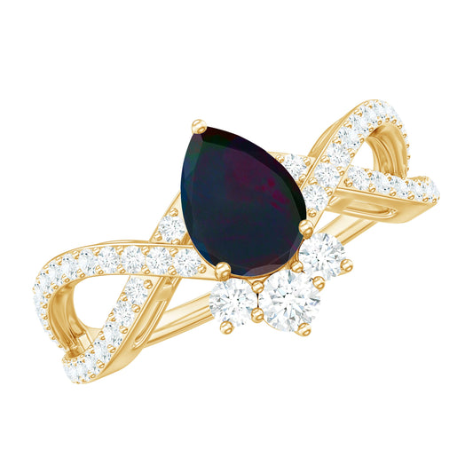 Designer Black Opal Teardrop Crossover Ring with Diamond
