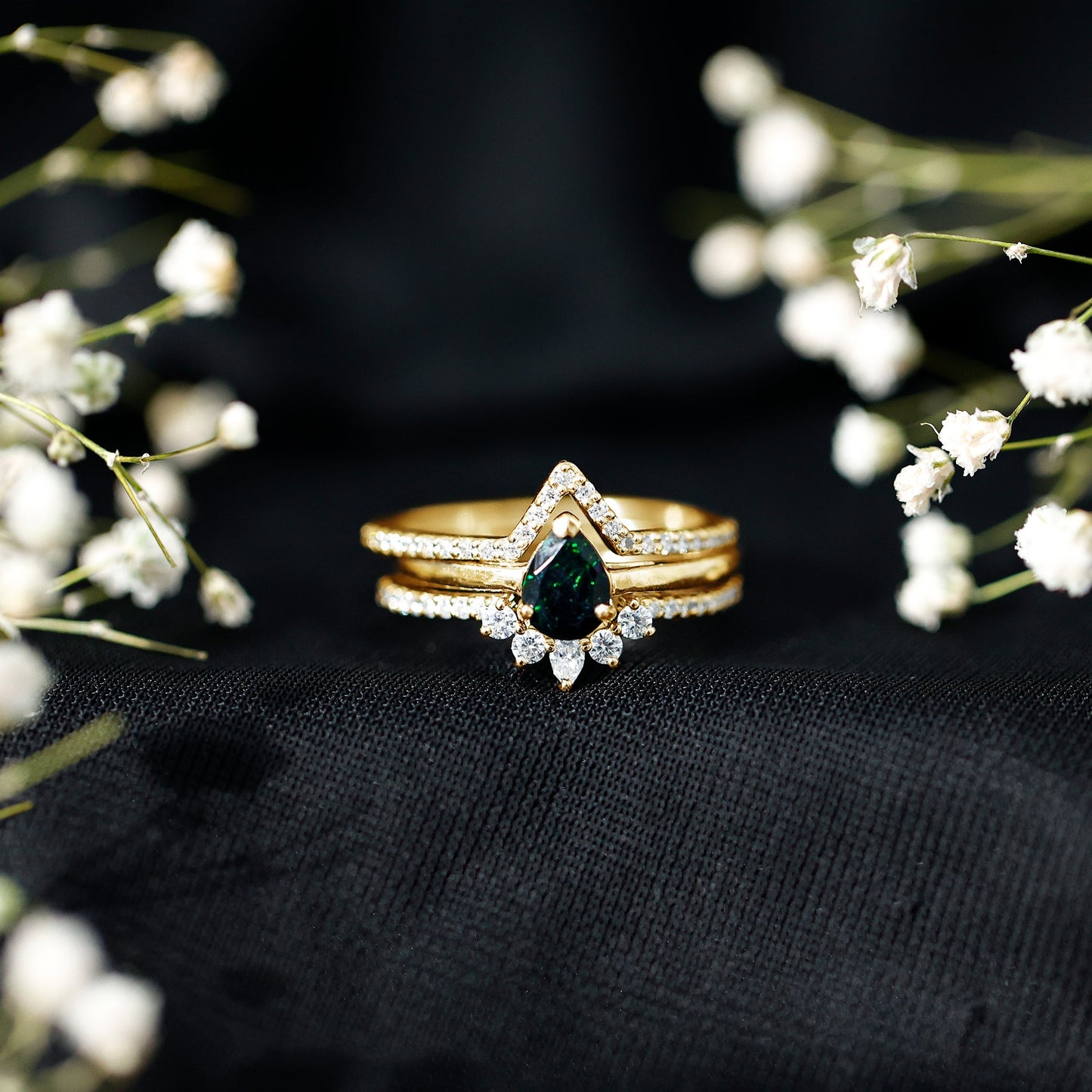 Natural Black Opal Bridal Ring Set With Moissanite