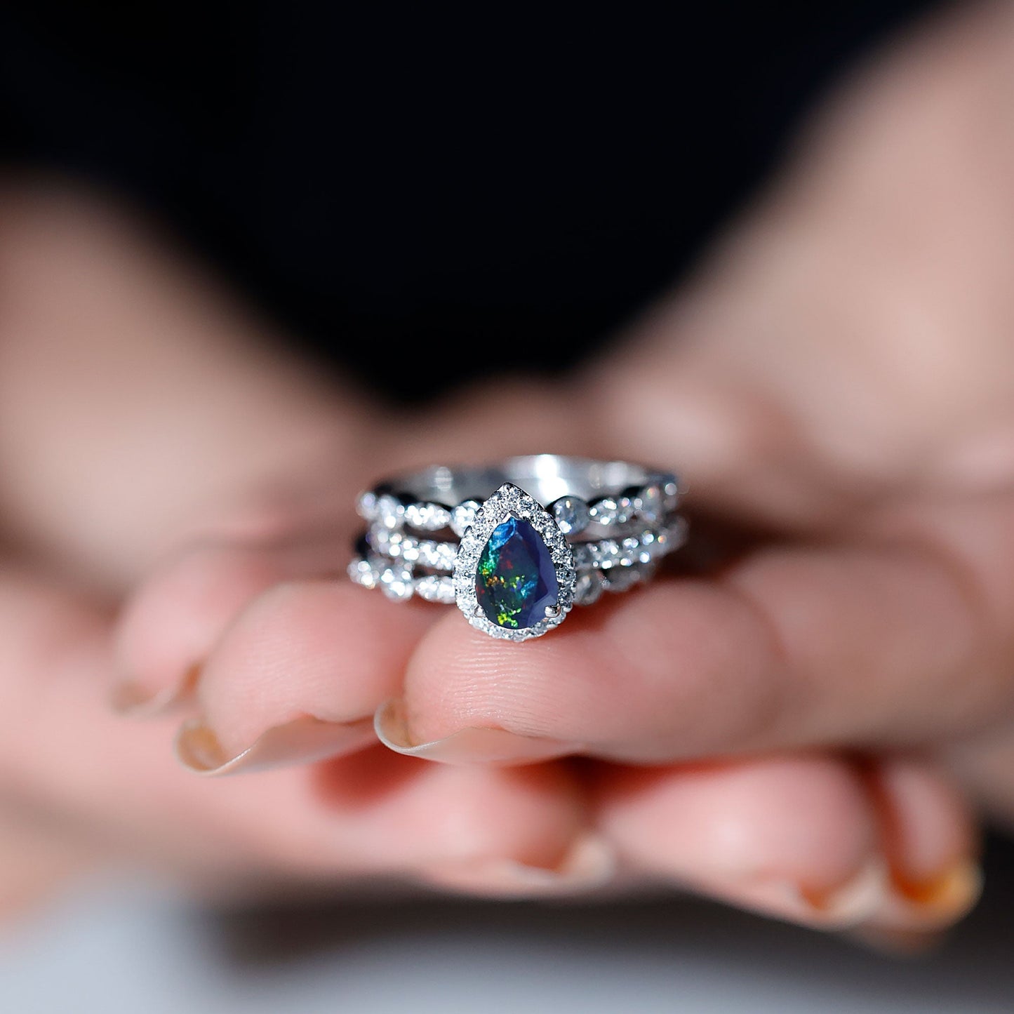 0.7 Carat Pear Cut Black Opal Trio Wedding Ring Set with Moissanite