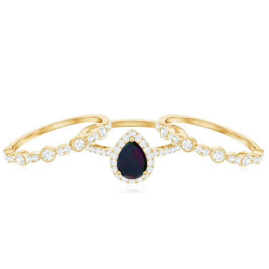 0.7 Carat Pear Cut Black Opal Trio Wedding Ring Set with Moissanite