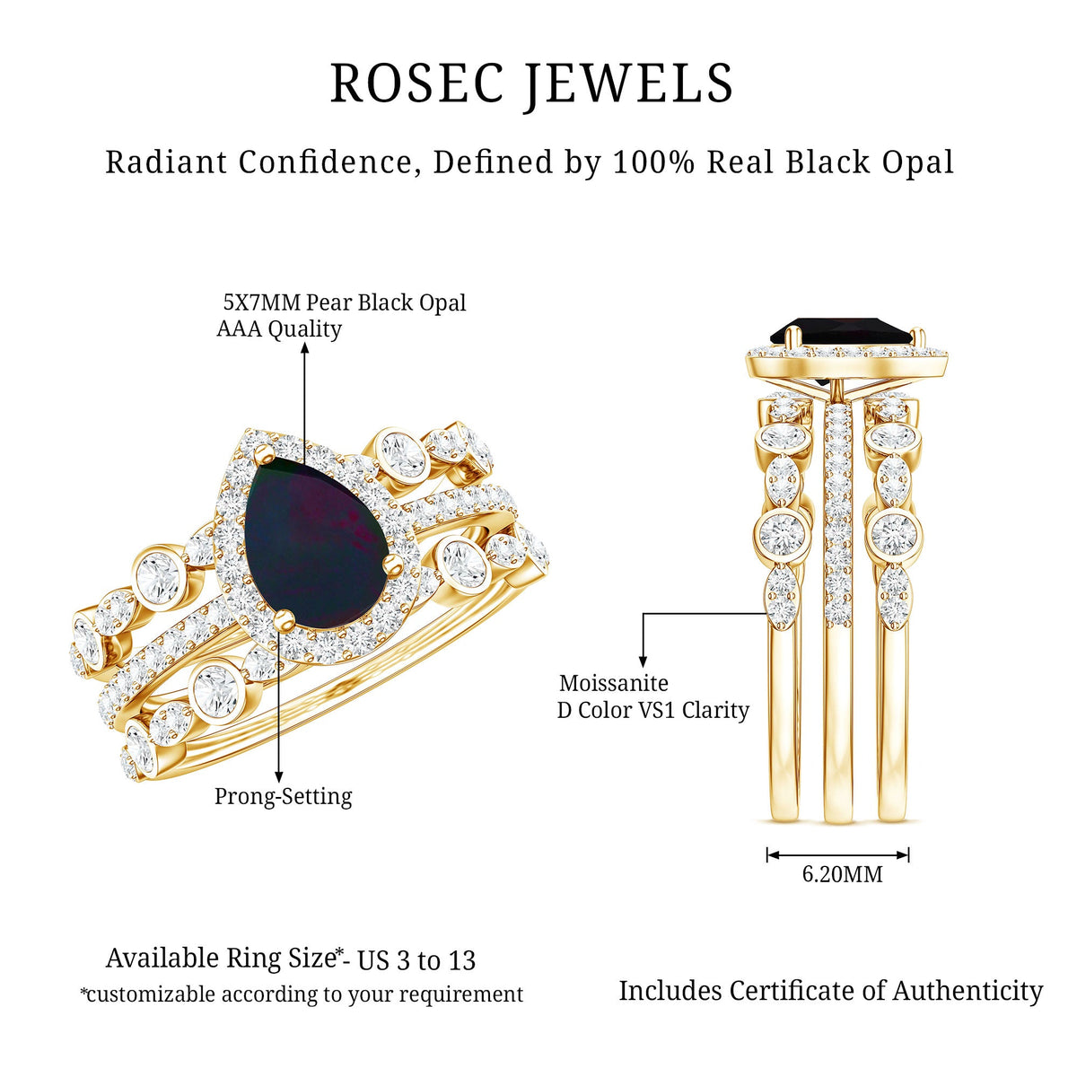 0.7 Carat Pear Cut Black Opal Trio Wedding Ring Set with Moissanite