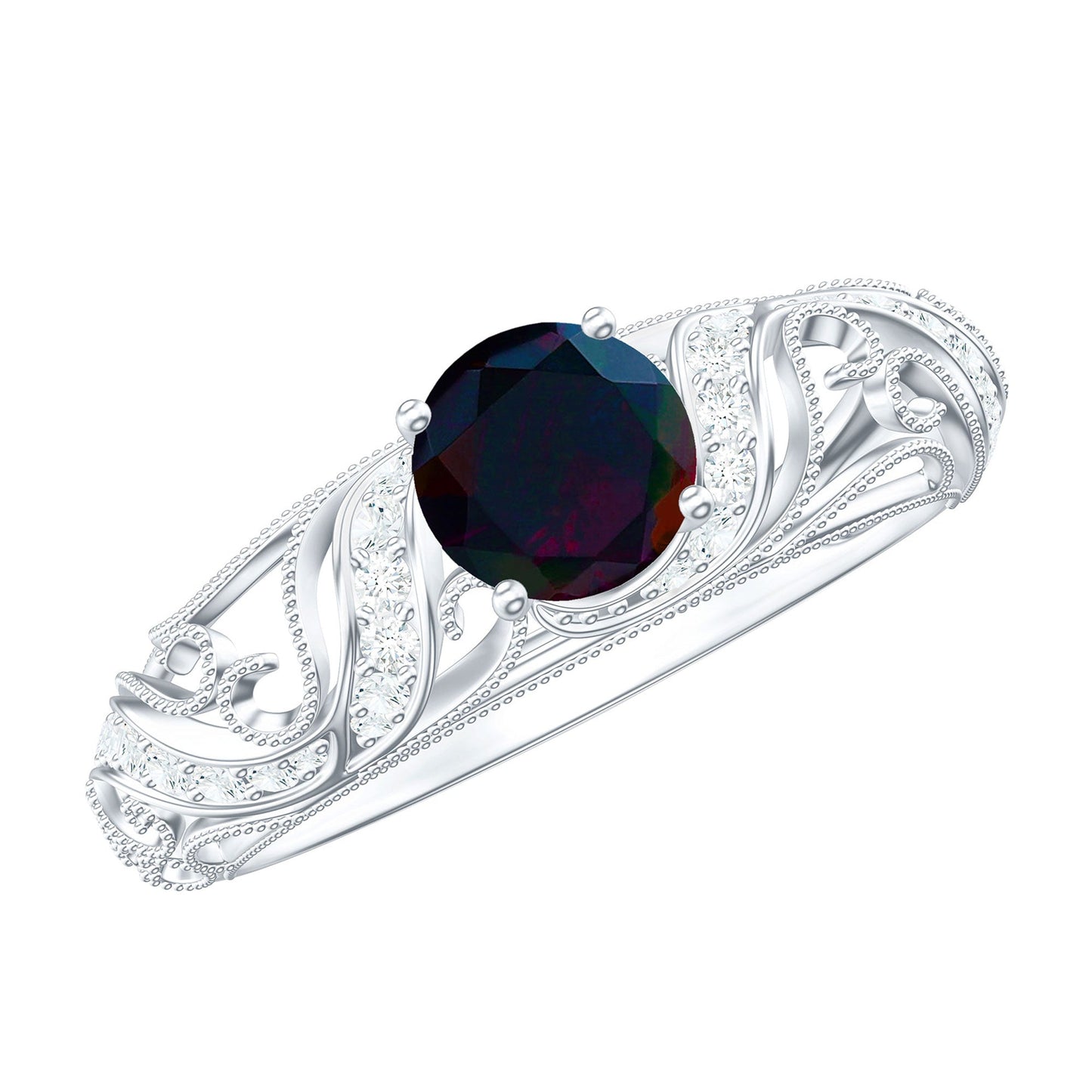 Natural Black Opal Vintage Inspired Engagement Ring