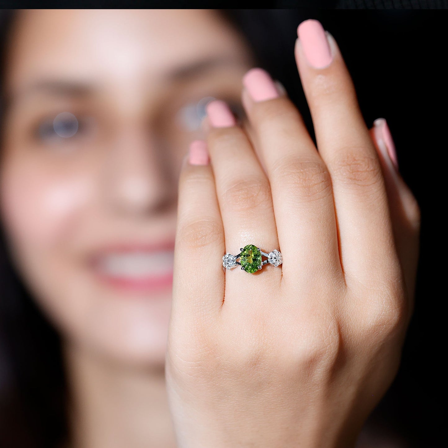 1 Carat Oval Cut Peridot Flower Engagement Ring with Diamonds