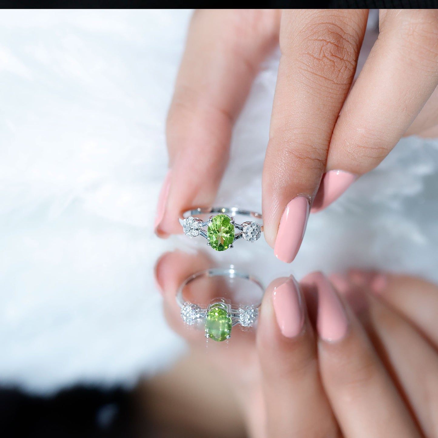 1 Carat Oval Cut Peridot Flower Engagement Ring with Diamonds