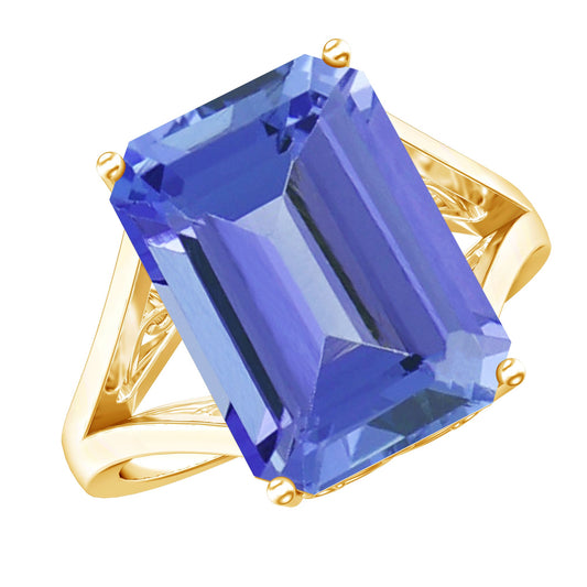 8 Carat Lab Created Tanzanite Emerald Cut Engagement Ring with Split Shank