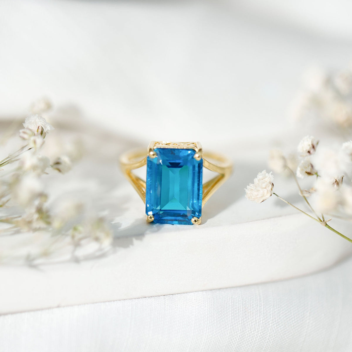 8 Carat Lab Grown London Blue Topaz Emerald Cut Engagement Ring in Silver