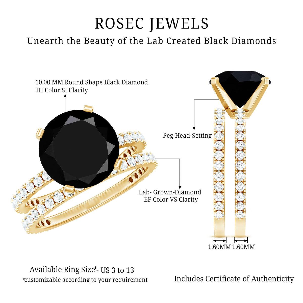 Certified 4.5 Carat Lab Grown Black and White Diamond Wedding Ring Set in Gold Plated Silver