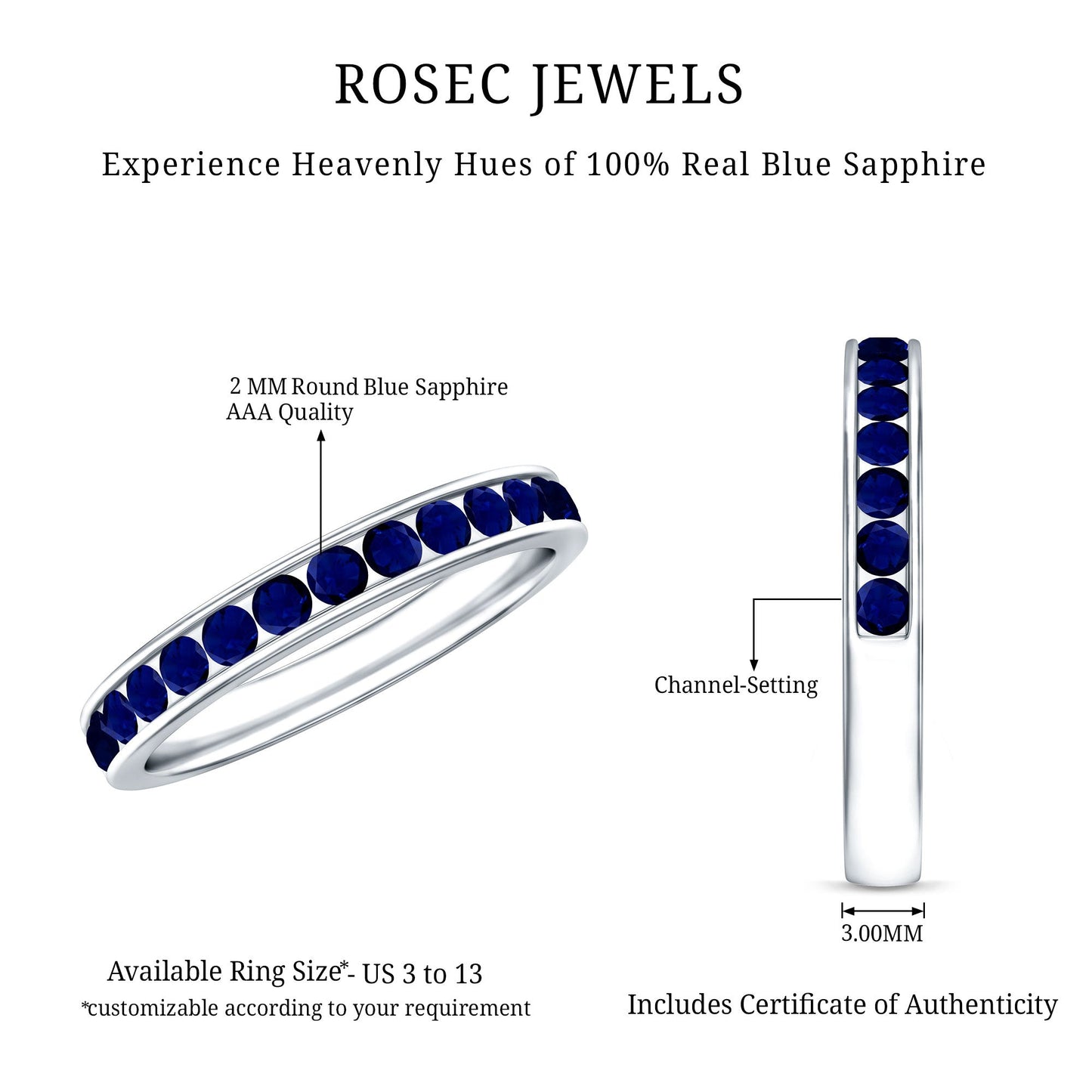 Natural Blue Sapphire Half Eternity Stackable Ring for Women
