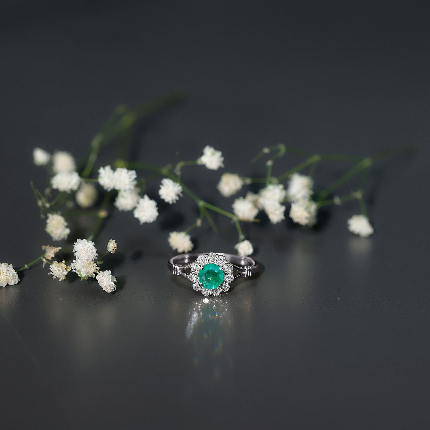 Emerald Nature Inspired Engagement Ring with Diamond Halo