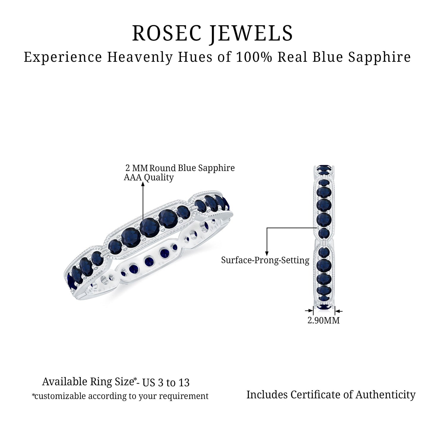 Real Blue Sapphire Eternity Ring for Women
