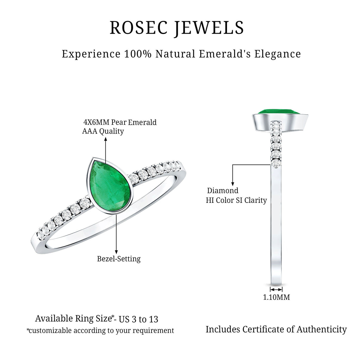 Pear Shaped Emerald Engagement Ring with Diamond Side Stones