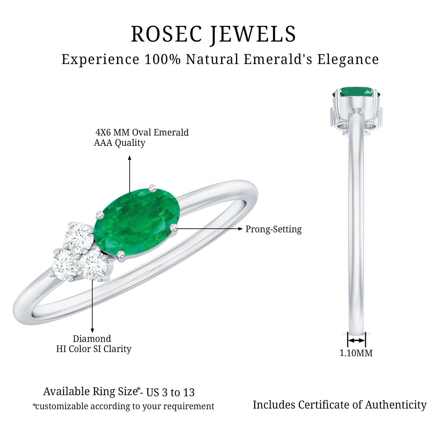 AAA Quality Oval Cut Emerald East West Promise Ring with Diamond Trio
