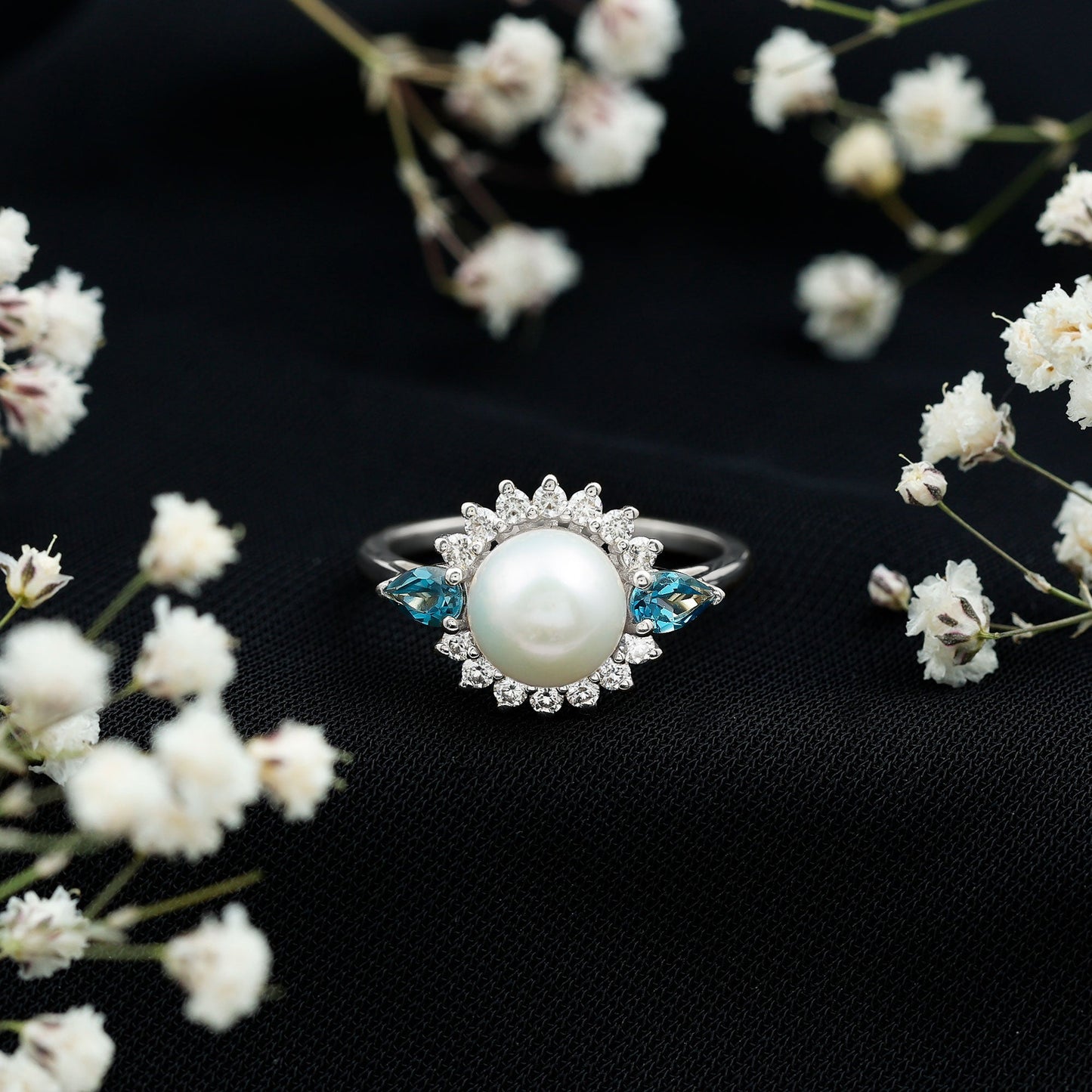 8MM Freshwater Cultured Pearl Designer Engagement Ring with Blue Topaz