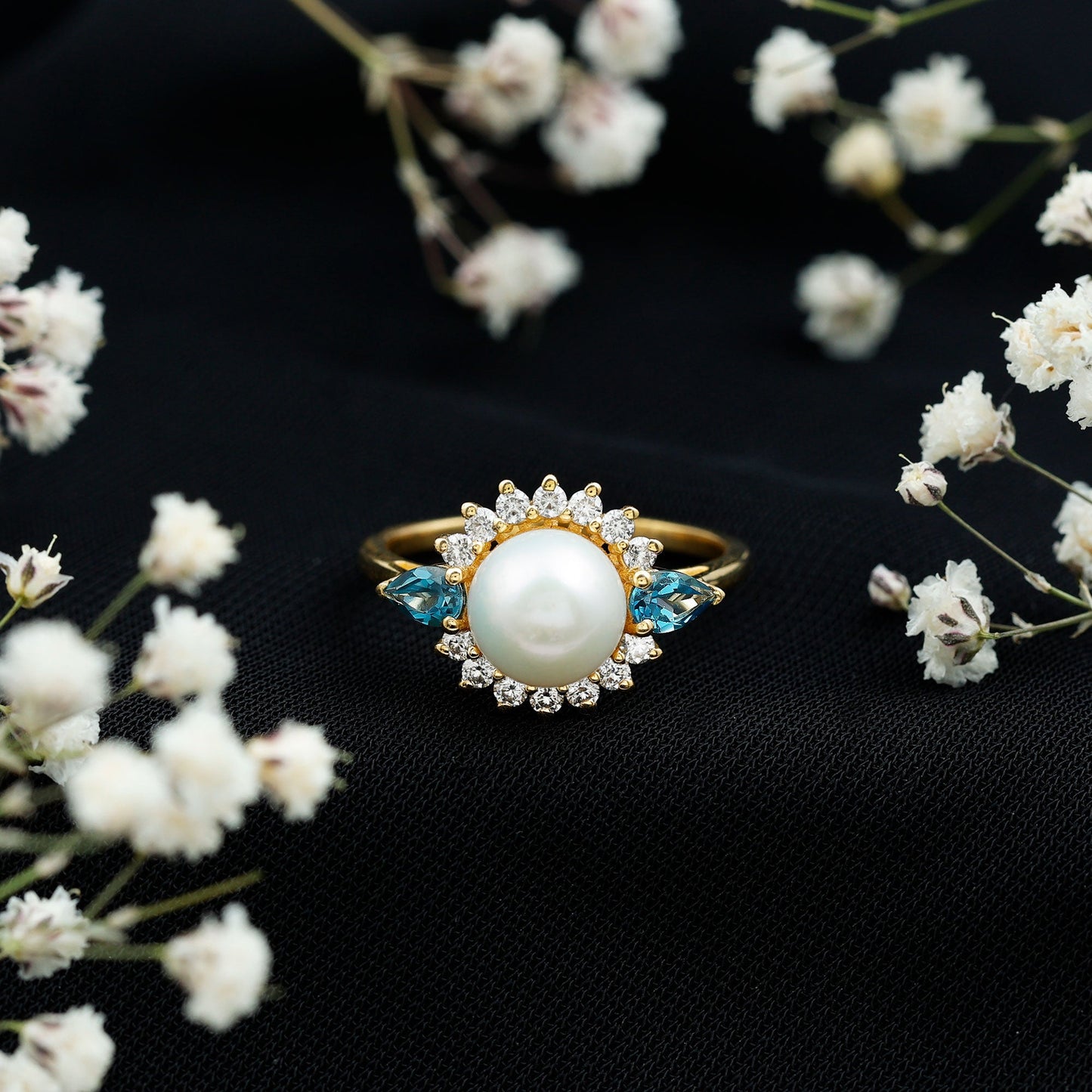 8MM Freshwater Cultured Pearl Designer Engagement Ring with Blue Topaz