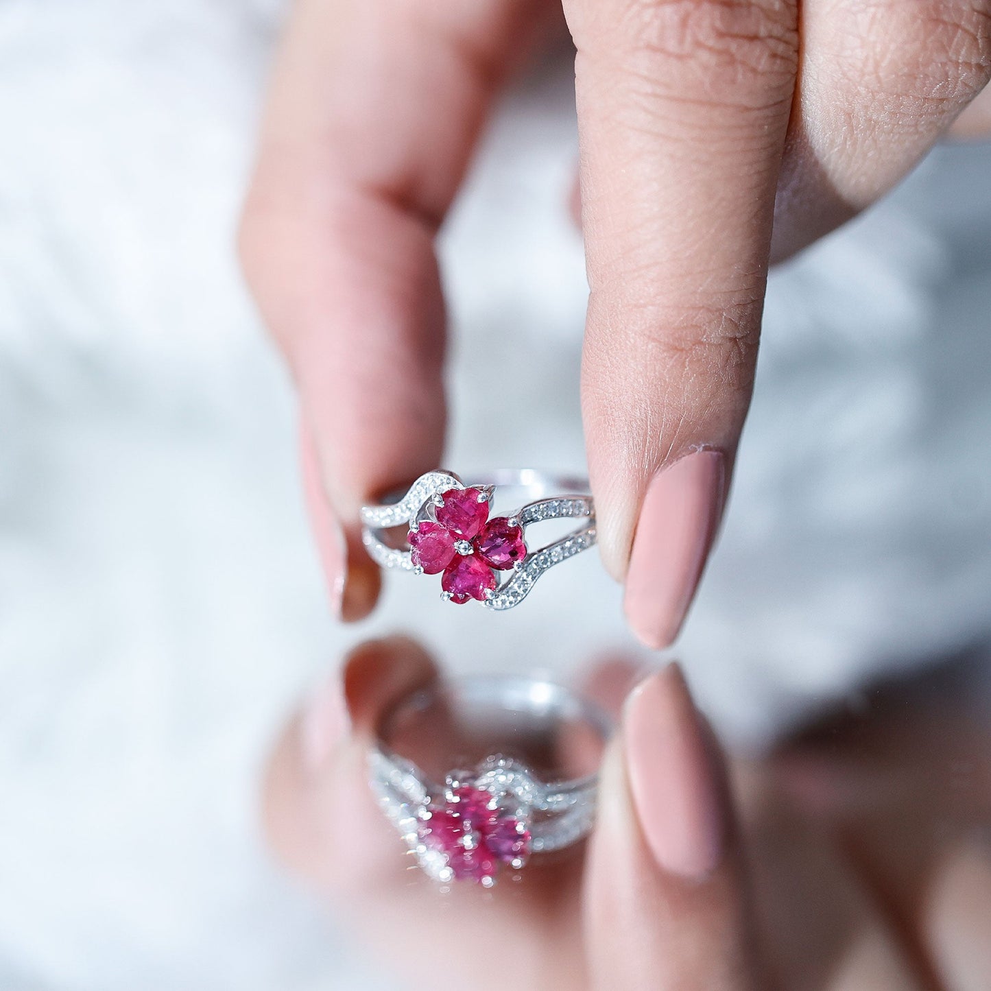 Real Ruby Flower Engagement Ring with Diamond Split Shank