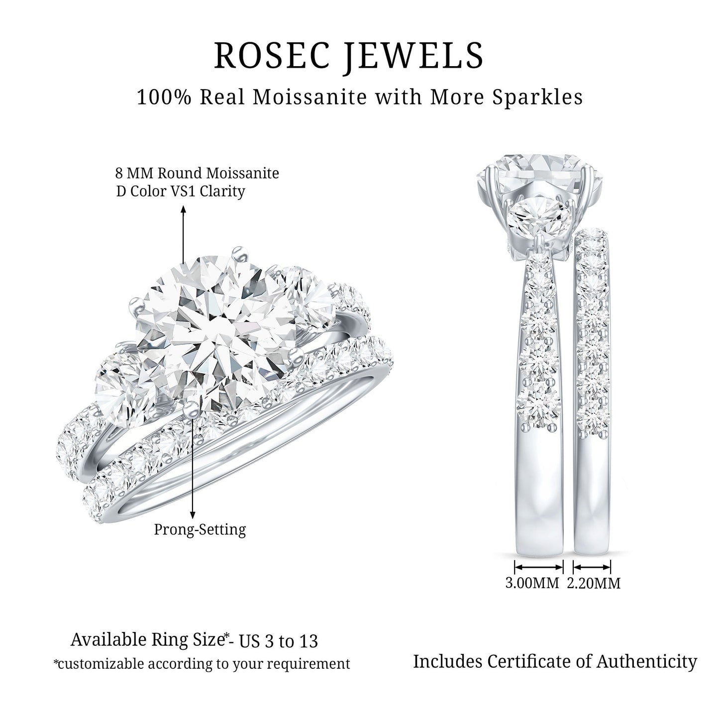 Certified 2 Carat Round Moissanite Bridal Ring Set For Wedding