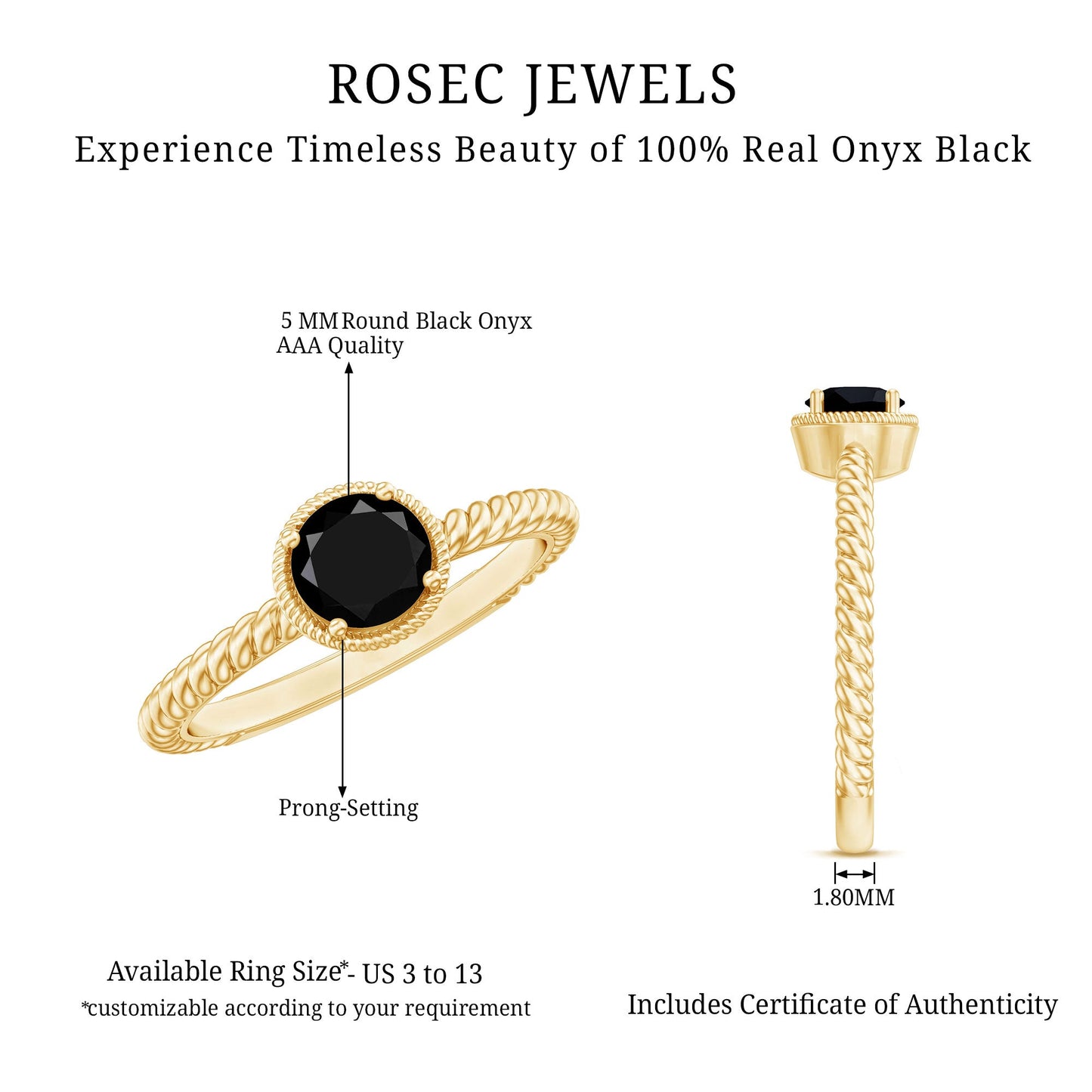 Solitaire 0.45 Carat Black Onyx Engagement Ring with Twisted Rope Design