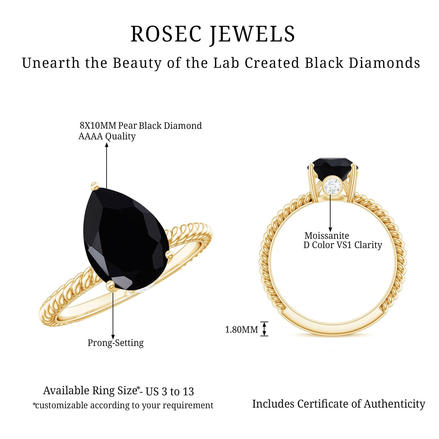 4.8 Carat Lab Grown Black Diamond Pear Shaped Engagement Ring With Surprise White Diamond