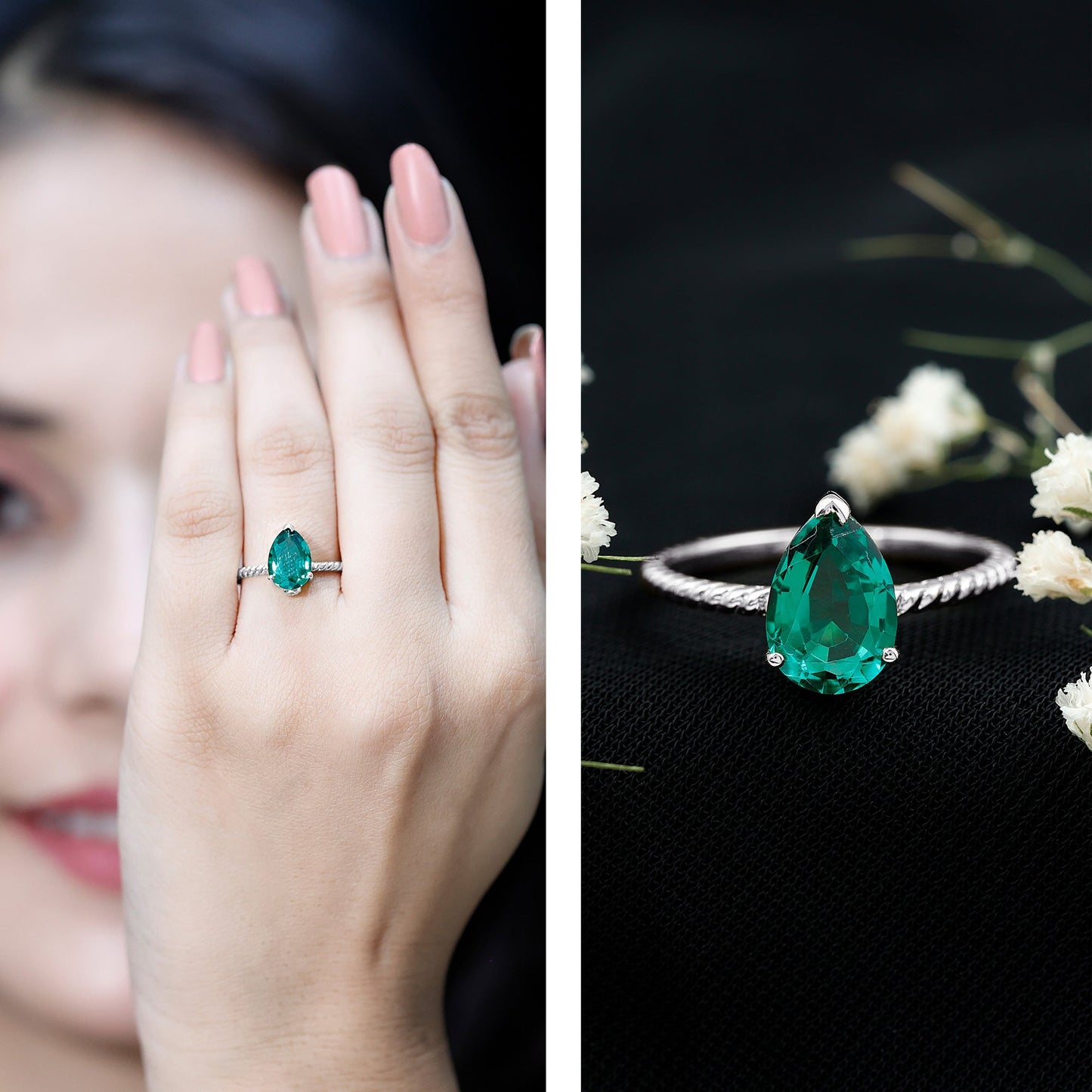 2 Carat Lab Created Emerald Pear Shape Engagement Ring with Surprise Diamond