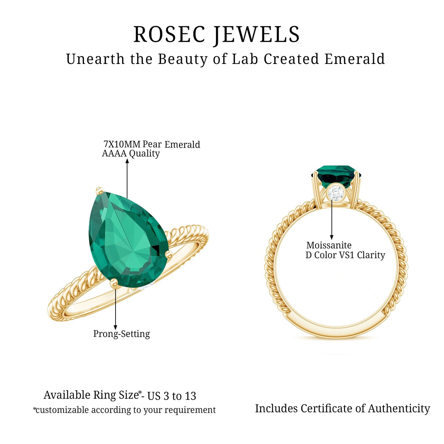 2 Carat Lab Created Emerald Pear Shape Engagement Ring with Surprise Diamond