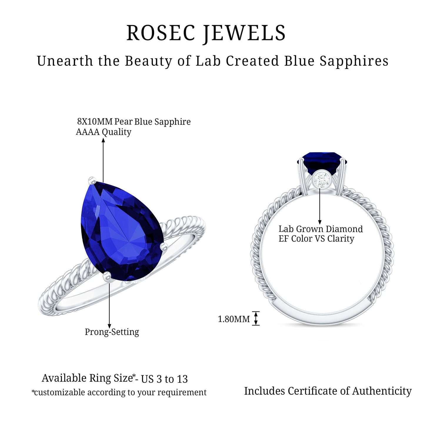 Certified 3.3 Carat Lab Grown Blue Sapphire Pear Shaped Engagement Ring
