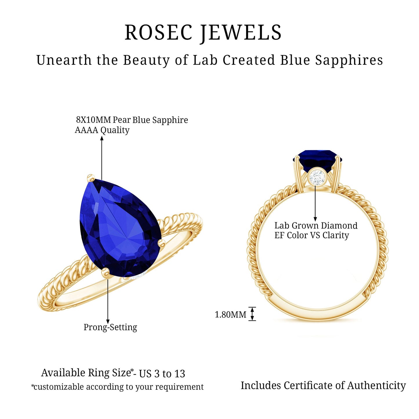 Certified 3.3 Carat Lab Grown Blue Sapphire Pear Shaped Engagement Ring