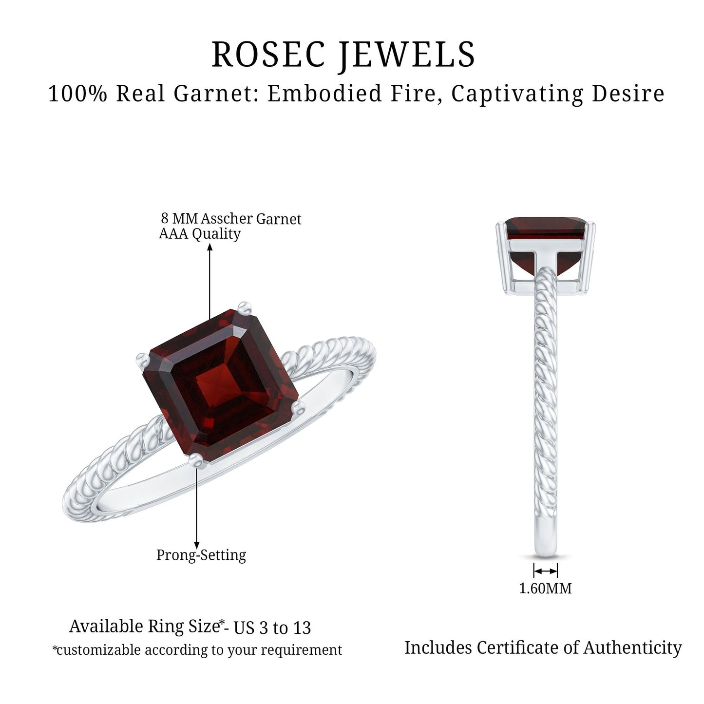 3.3 Carat Natural Garnet Asscher Cut Engagement Ring with Twisted Rope