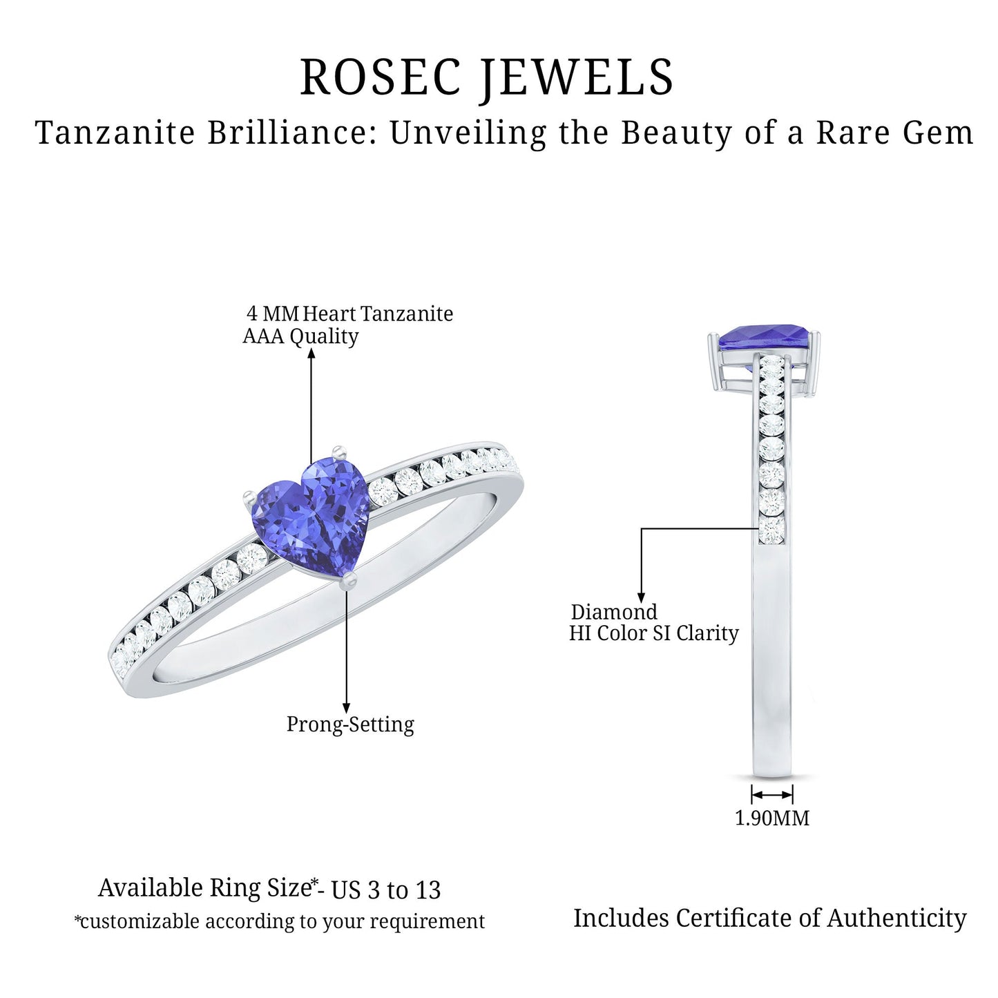 Natural Tanzanite Heart Promise Ring with Diamond