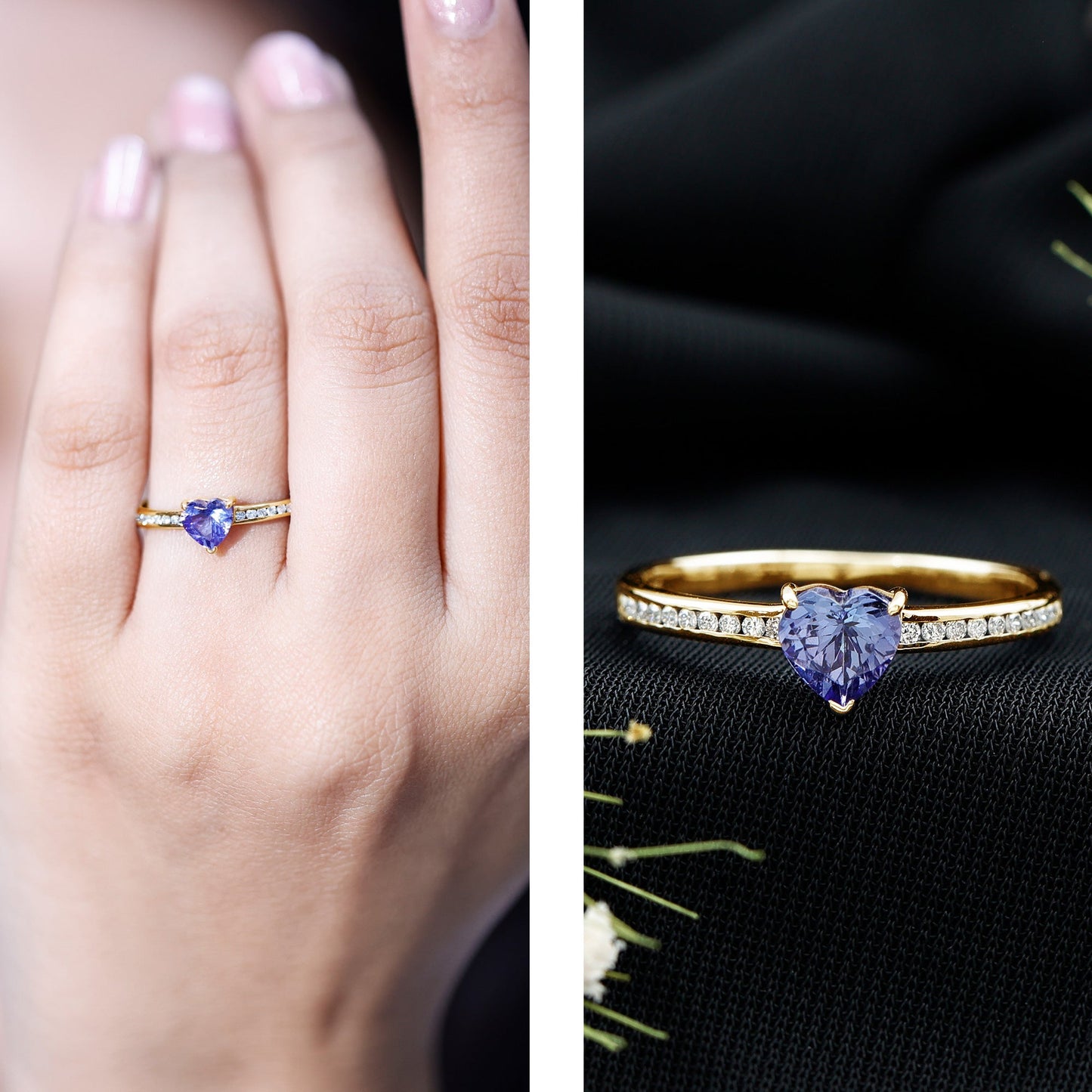 Natural Tanzanite Heart Promise Ring with Diamond