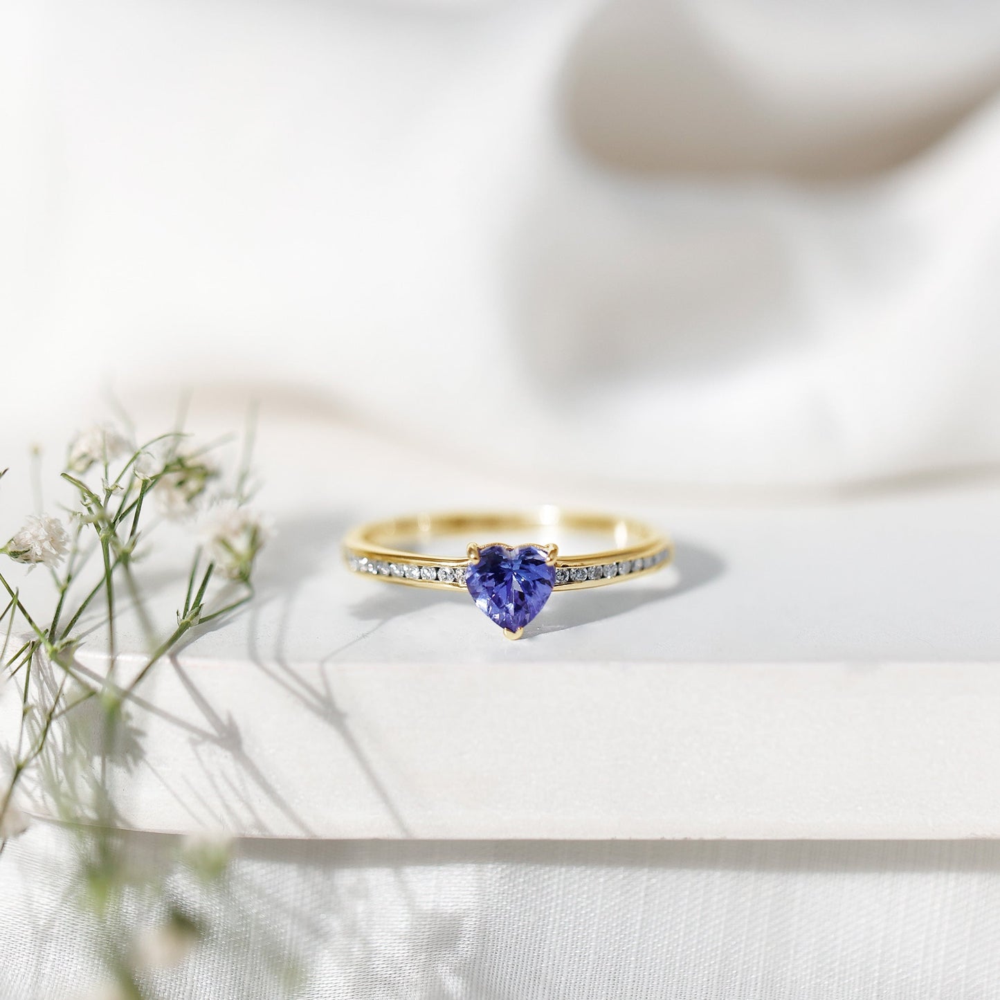 Natural Tanzanite Heart Promise Ring with Diamond