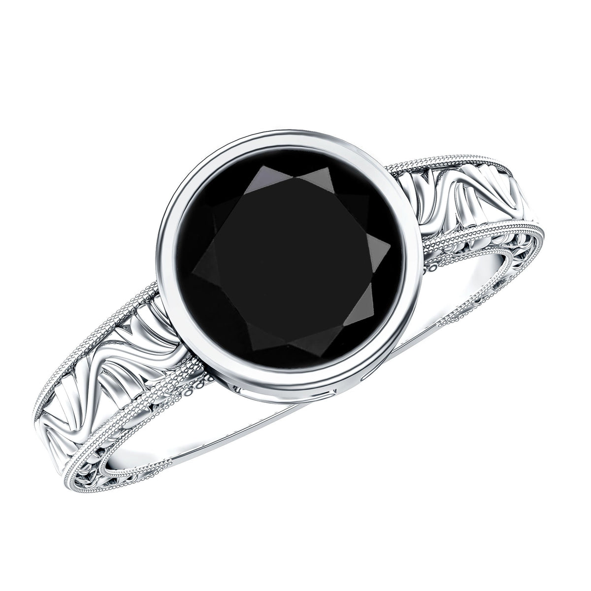 Vintage Style 2 Carat Lab Grown Black Diamond Bezel Set Engagement Ring