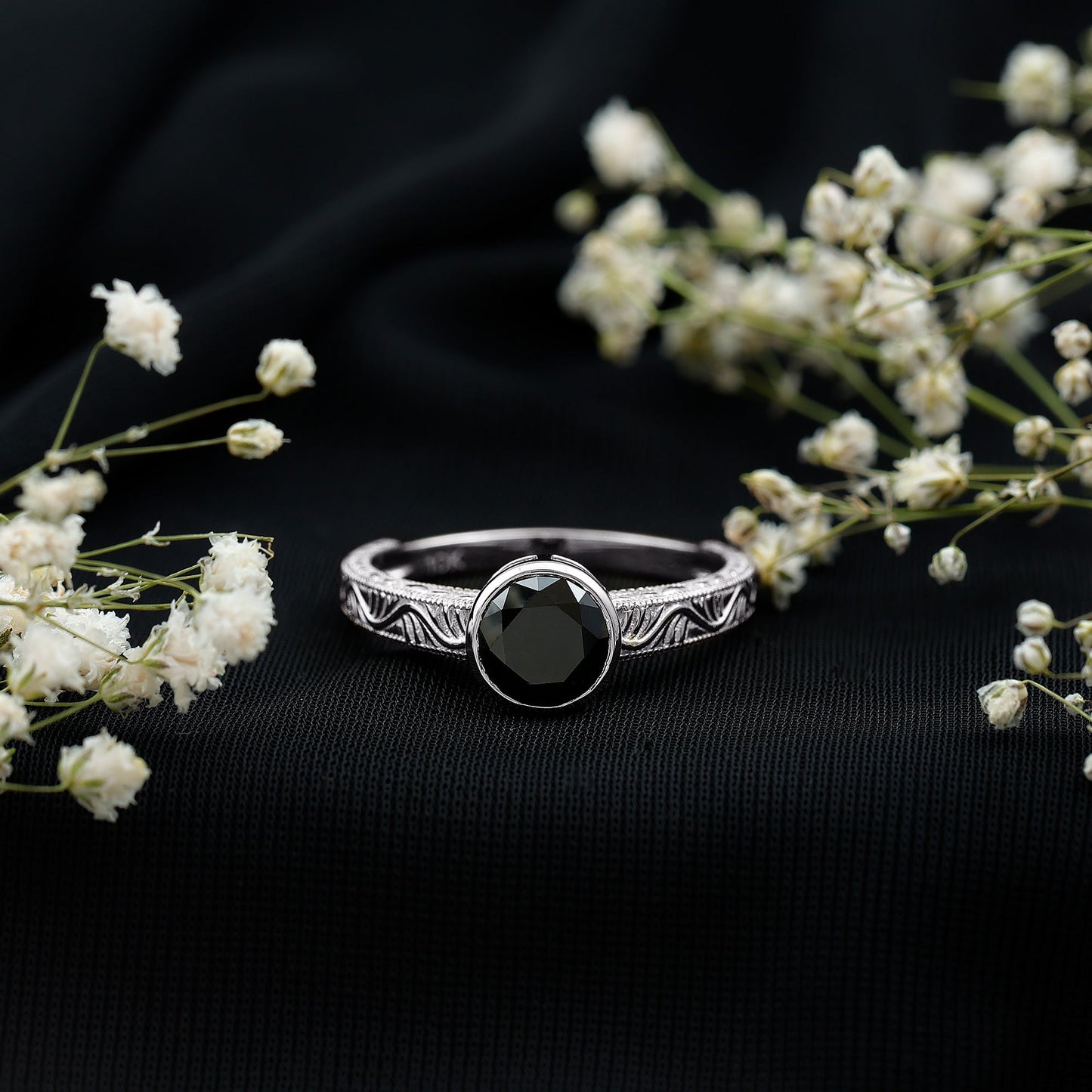 Vintage Style 2 Carat Lab Grown Black Diamond Bezel Set Engagement Ring