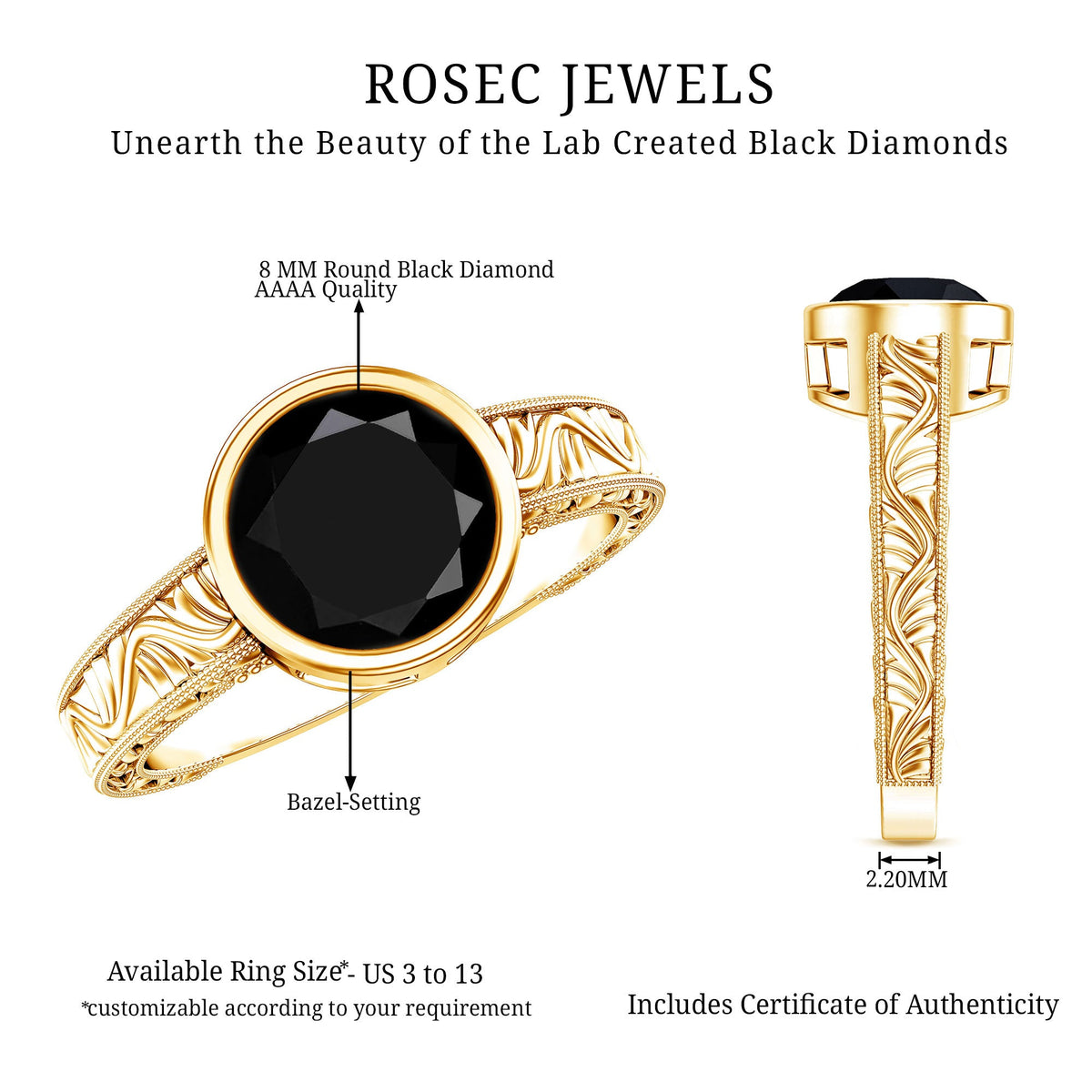 Vintage Style 2 Carat Lab Grown Black Diamond Bezel Set Engagement Ring