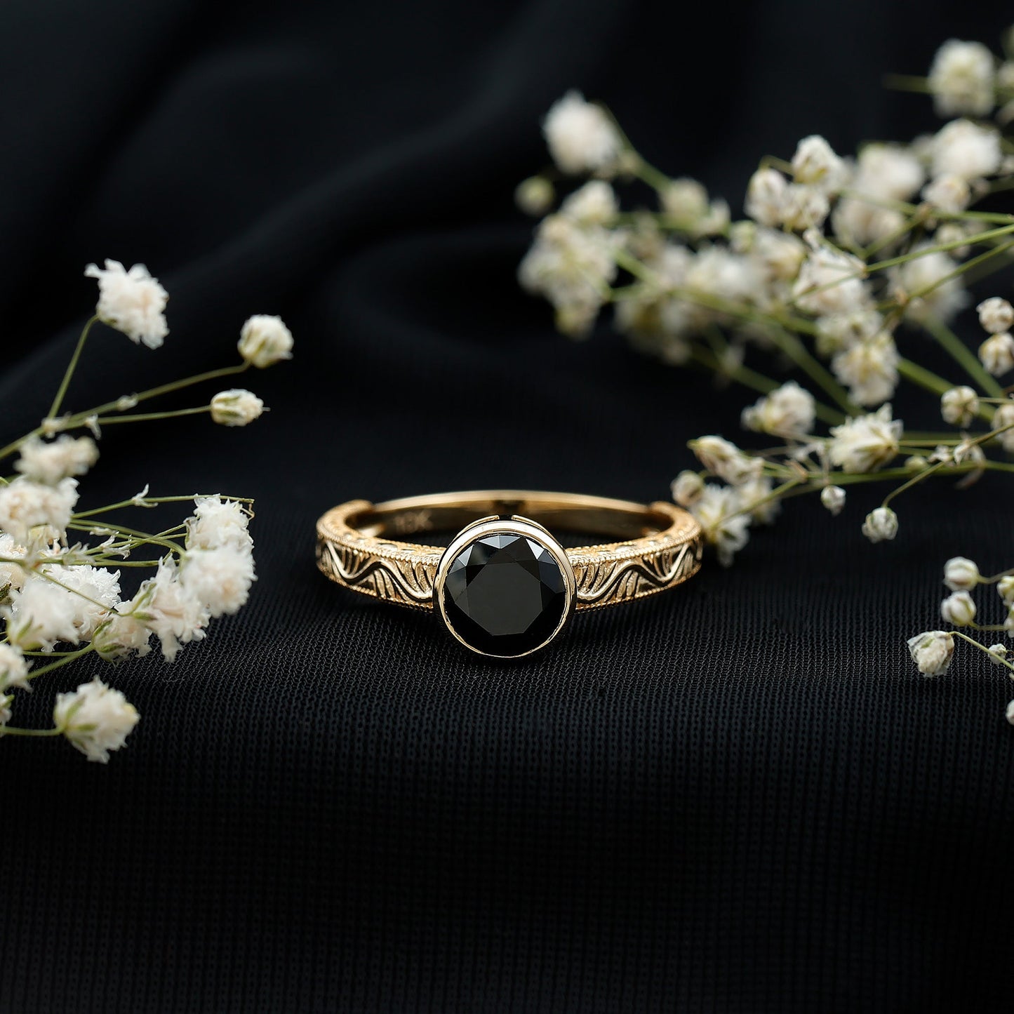 Vintage Style 2 Carat Lab Grown Black Diamond Bezel Set Engagement Ring
