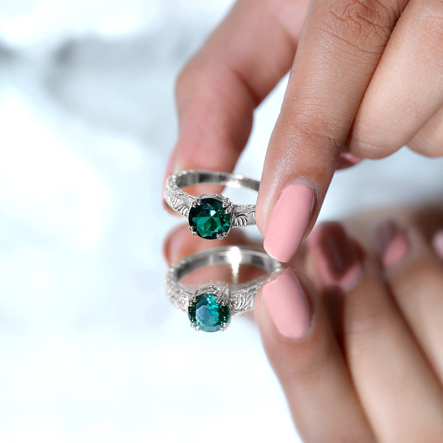 Lab Emerald Solitaire Vintage Engagement Ring