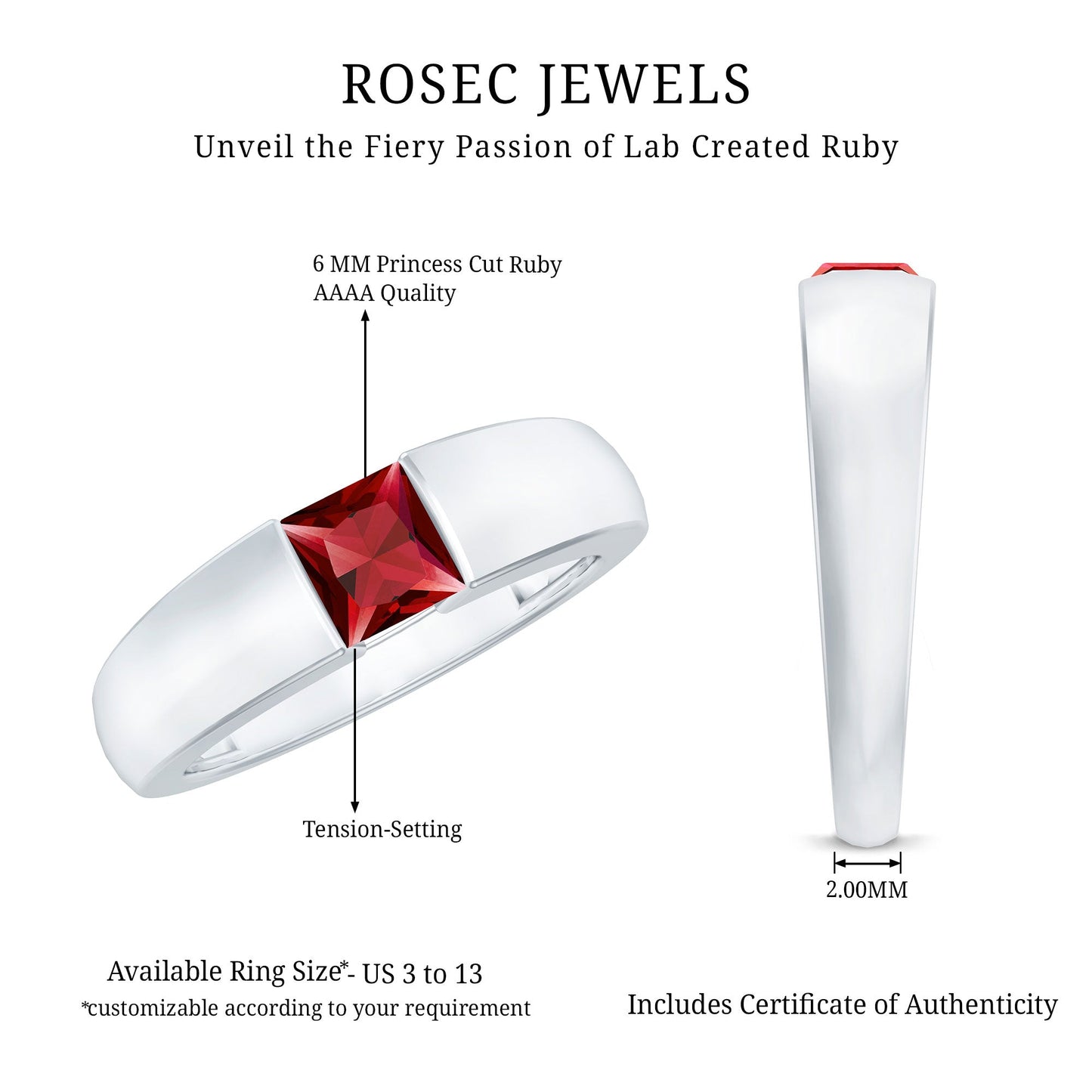 Princess Cut 1.5 Carat Lab Grown Ruby Solitaire Band Ring with Certificate