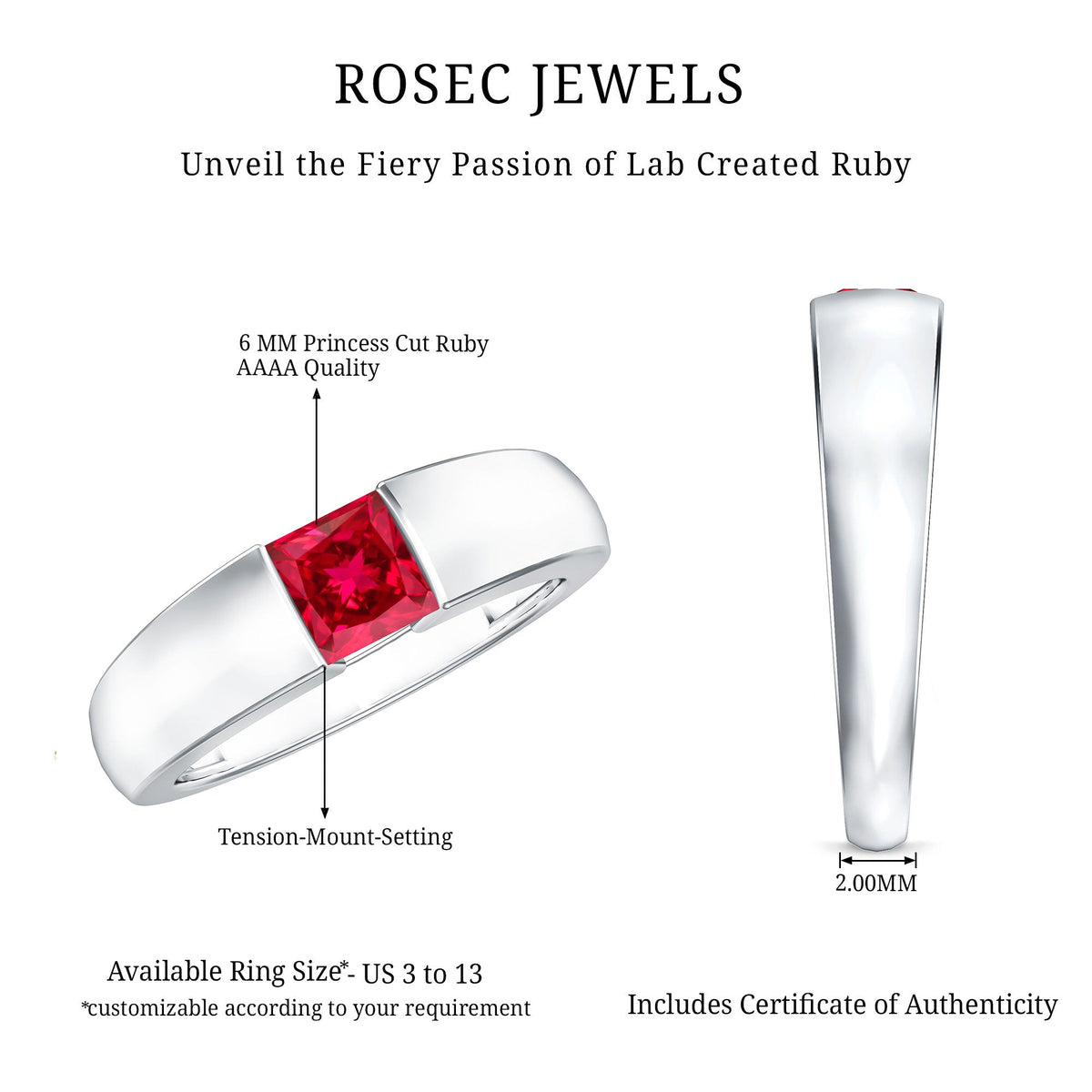 Princess Cut 1.5 Carat Lab Grown Ruby Solitaire Band Ring with Certificate