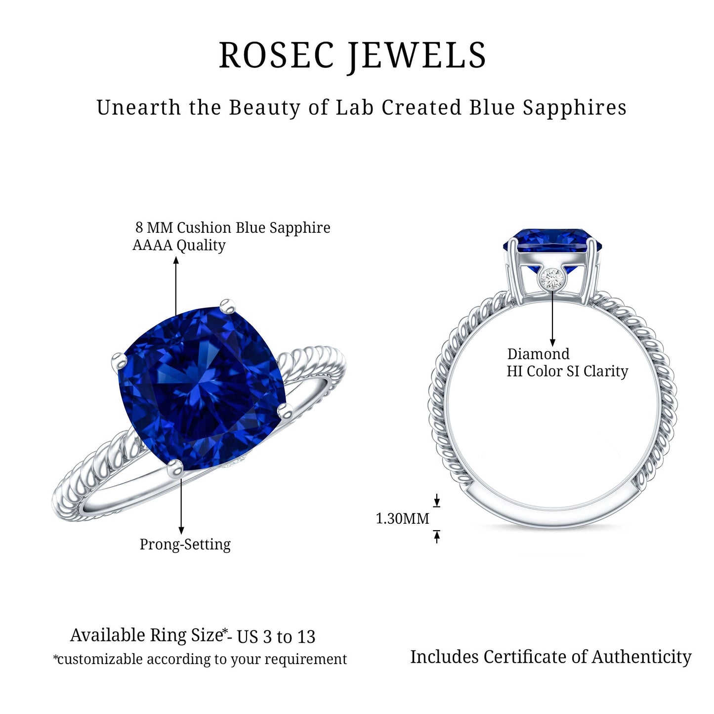 2.7 Carat Cushion Cut Lab Created Blue Sapphire Solitaire Engagement Ring