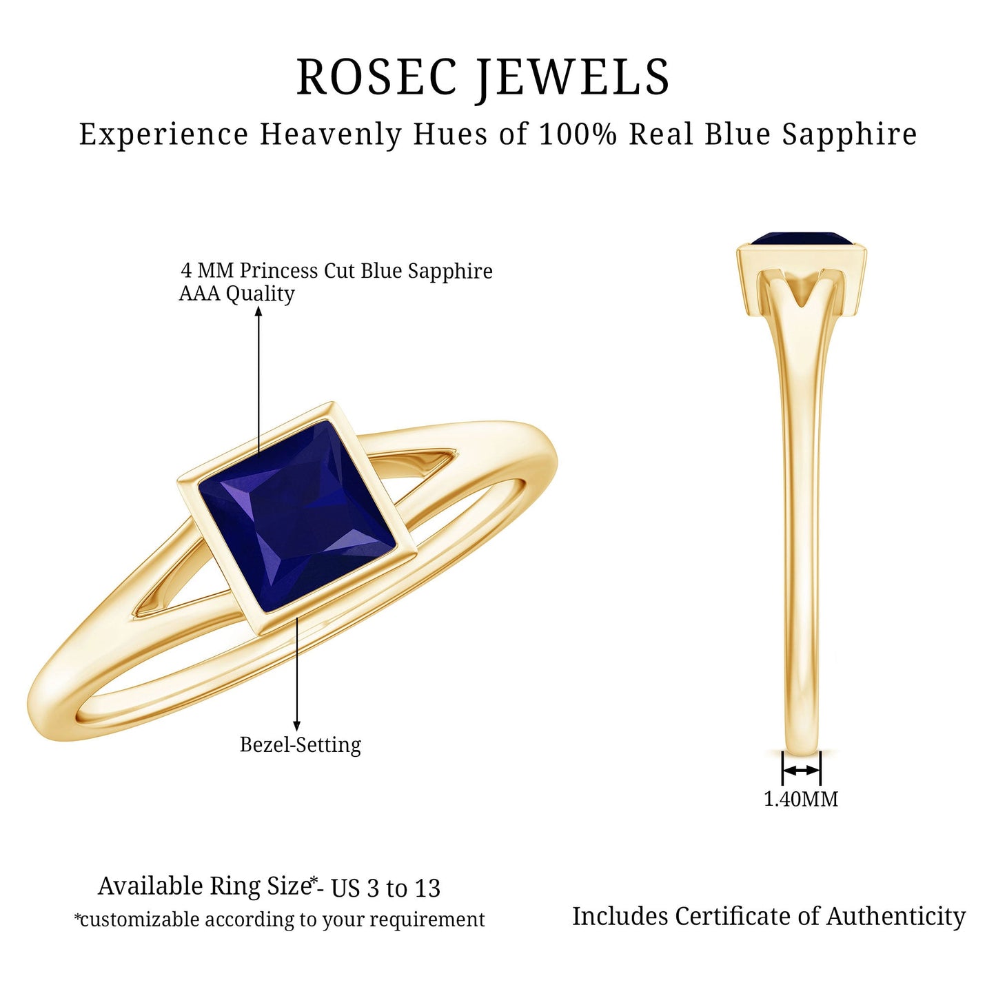 Princess Cut 0.4 Carat Blue Sapphire Solitaire Promise Ring in Split Shank