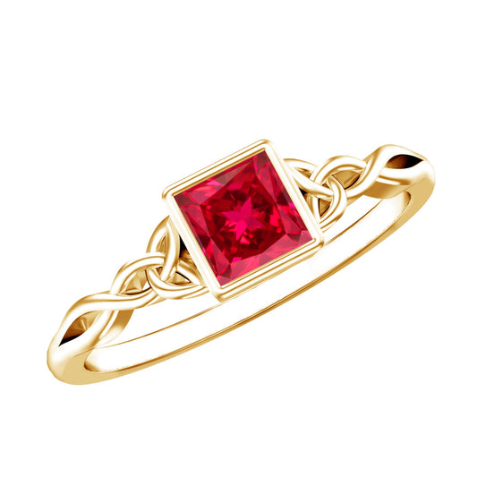 Certified 1.5 Carat Lab Grown Ruby Princess Cut Promise Ring with Celtic Knot